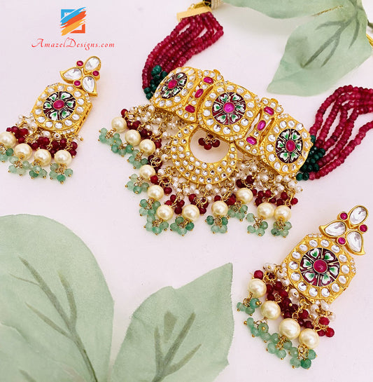 High Quality Statement Designer Choker Necklace Earrings Ruby Maroon Meenakari Kundan Set