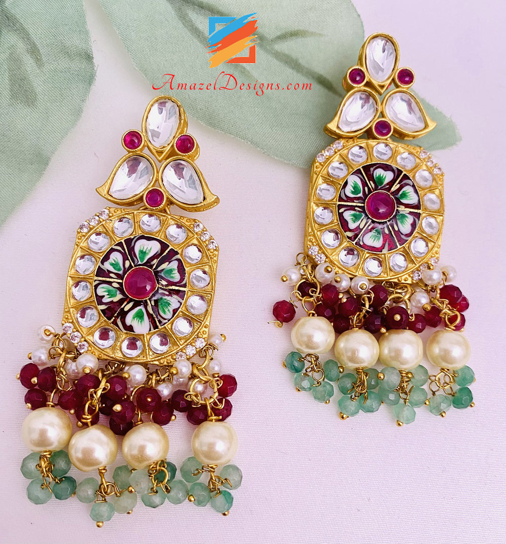 High Quality Statement Designer Choker Necklace Earrings Ruby Maroon Meenakari Kundan Set