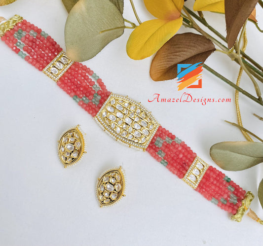 Choker Necklace High Quality Studs Earrings Pink Kundan Set