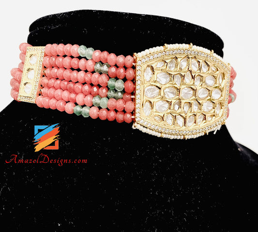 Choker Necklace High Quality Studs Earrings Pink Kundan Set