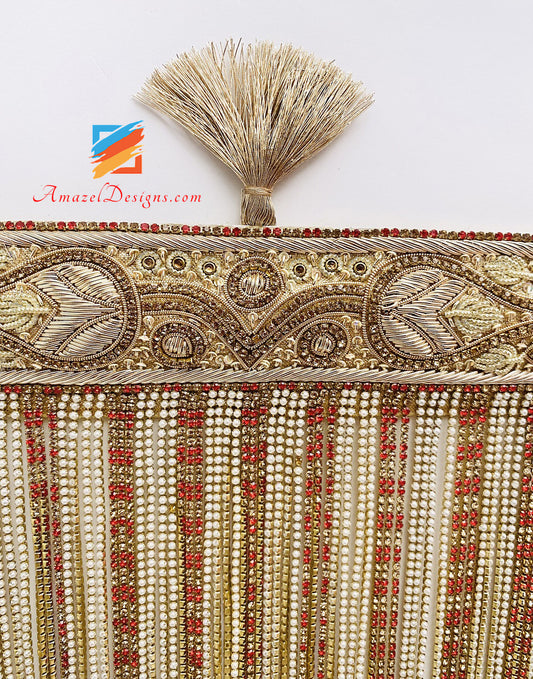 Dabka Work Sehra With Layers Of Red Golden Crystals And Beads