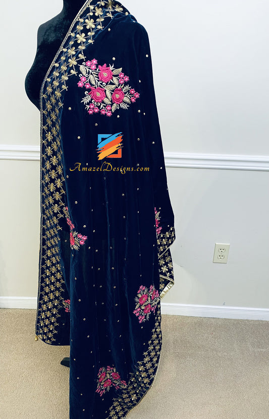 Dark Blue Pink Thread Tilla Short Width Unisex Velvet Shawl