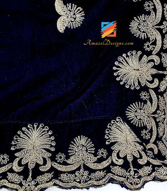 Dark Blue Velvet Shawl Tilla Thread Cutwork