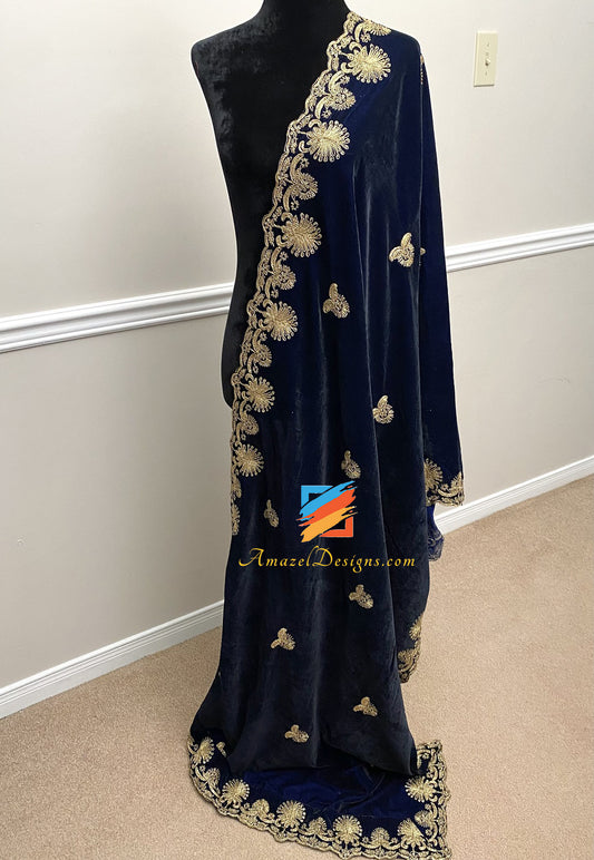 Dark Blue Velvet Shawl Tilla Thread Cutwork