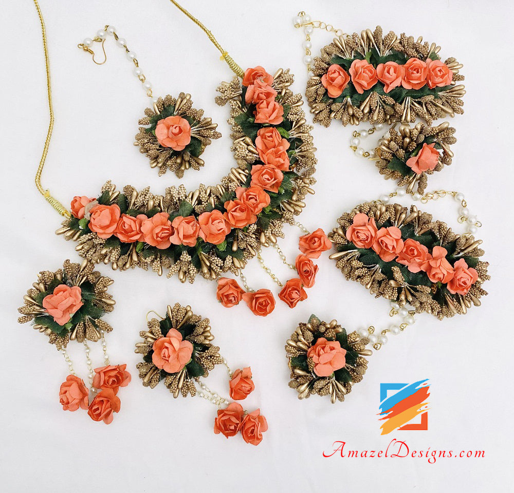Dark Peach Necklace Earrings Tikka and Hand Pieces Set