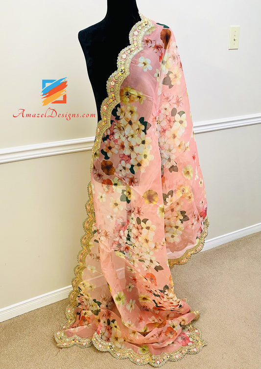 Dark Peach Organza Printed Duppatta Cutwork Tilla Thread Lace