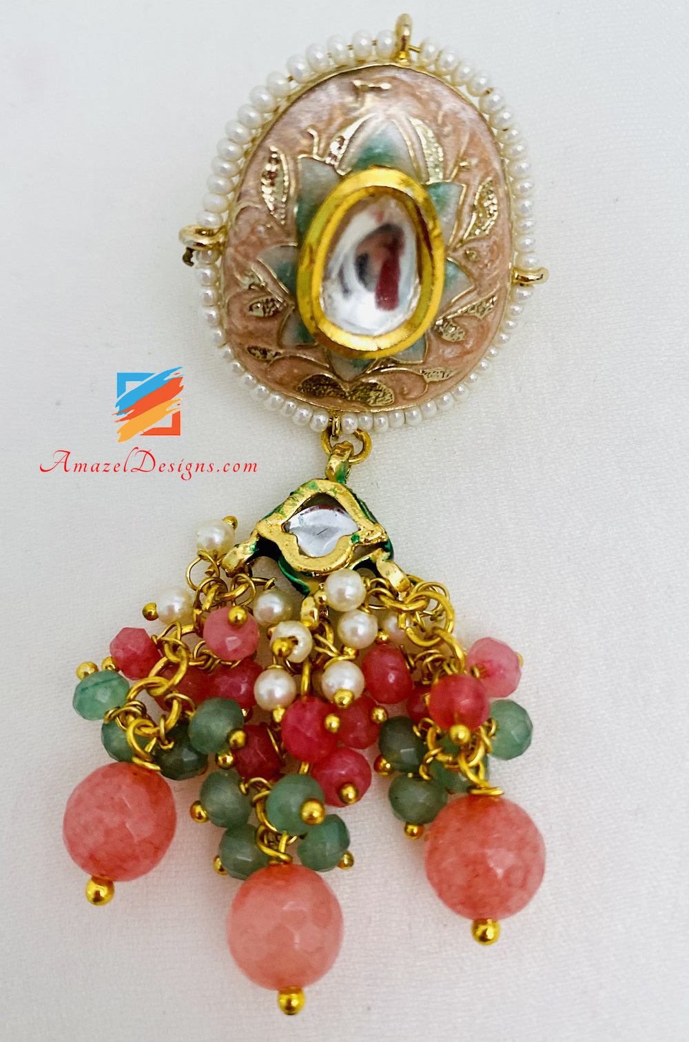 Dark Peach With Multicoloured Hand Painted Meenakari Necklace Earrings Set
