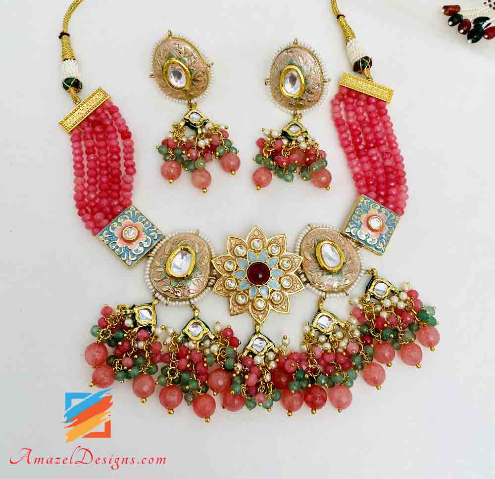 Dark Peach With Multicoloured Hand Painted Meenakari Necklace Earrings Set