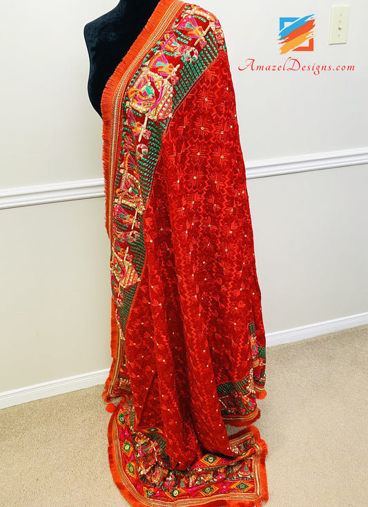 Doli Red Velvet Fulkari Kundan Pearl Work with Sohni Latkan