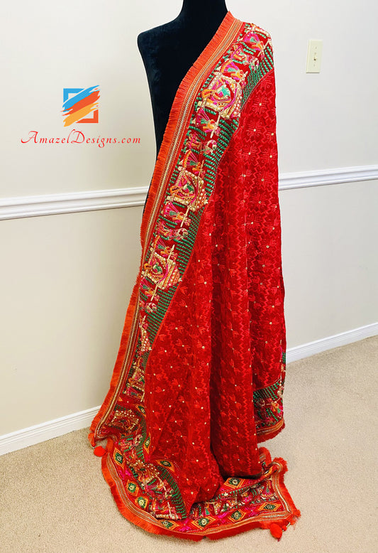 Doli Red Velvet Fulkari Kundan Pearl Work with Sohni Latkan