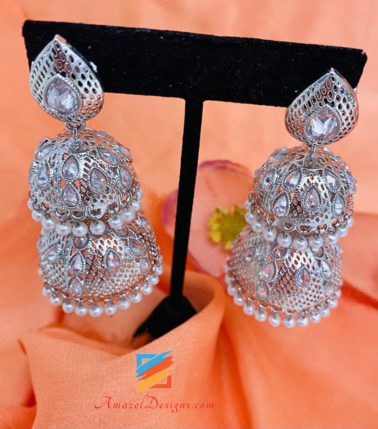 Double Jhumki Long Silver Polki