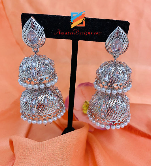 Double Jhumki Long Silver Polki