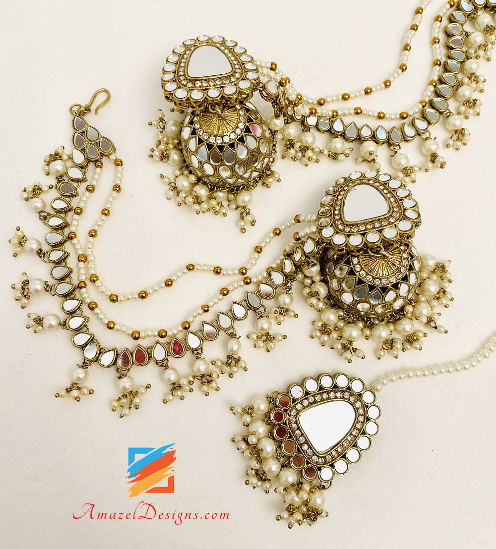 Dull Gold Mirror Jhumka Earrings Tikka with Sahara Set
