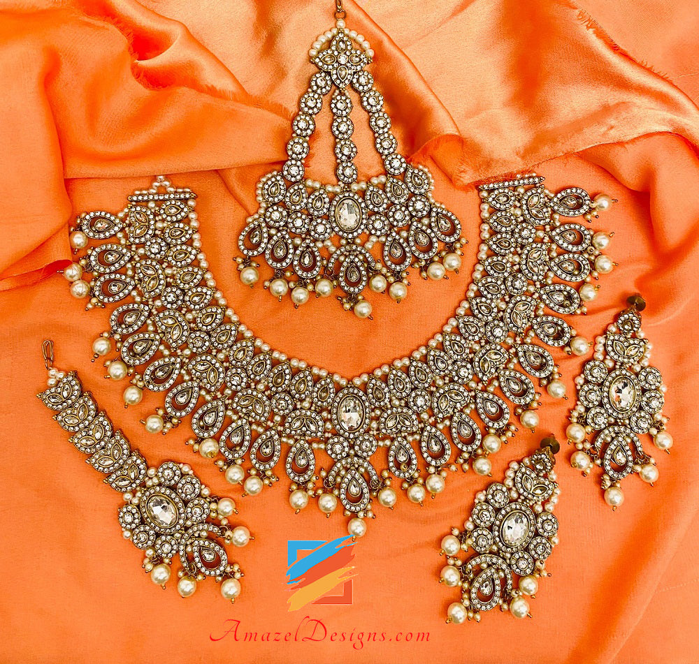 Dull Gold Silver Stone Necklace set With Passa/Jhoomer