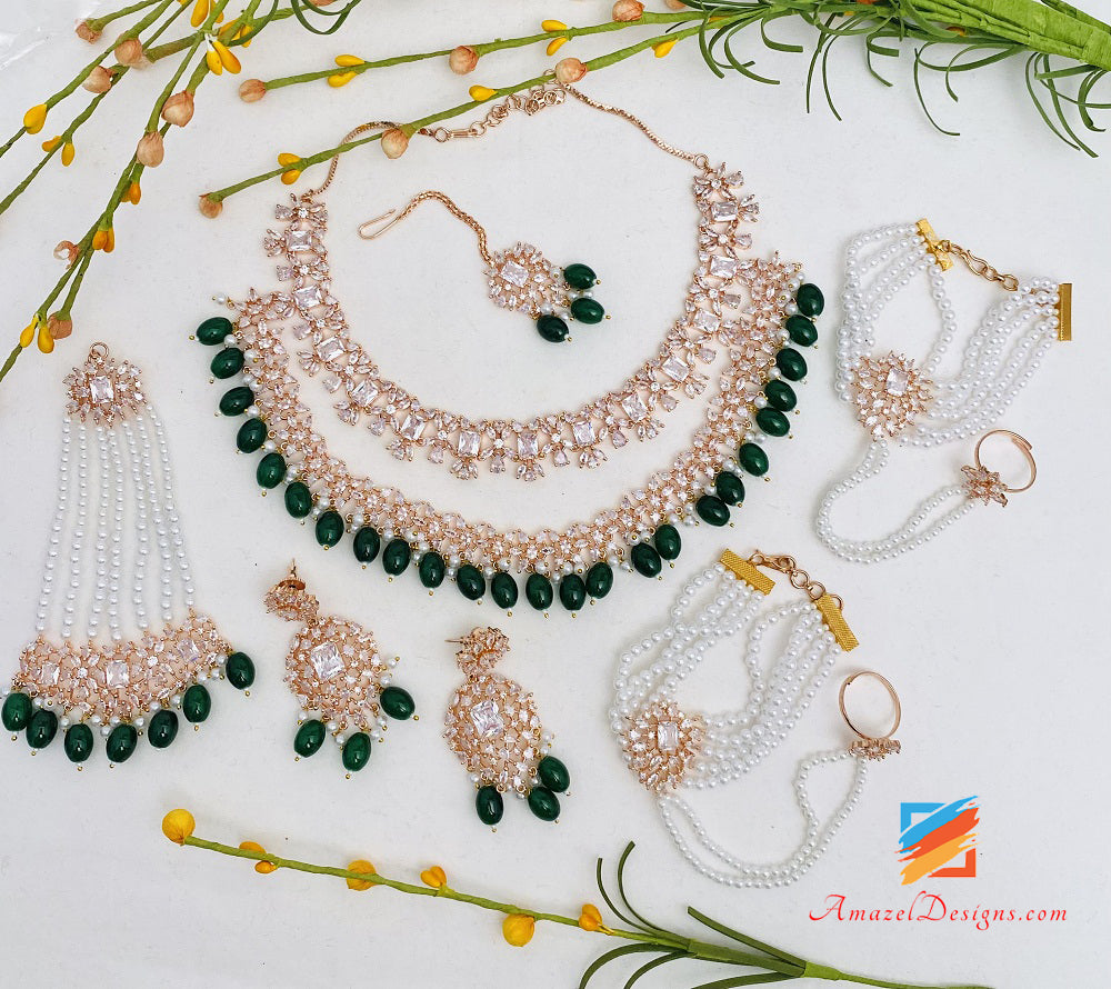 Emerald Green American Diamond AD Double Necklace Earring Tikka Passa Hand Pieces Set