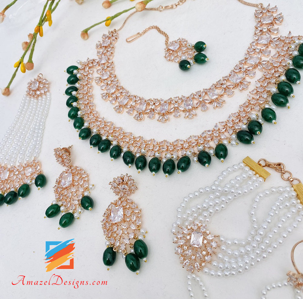 Emerald Green American Diamond AD Double Necklace Earring Tikka Passa Hand Pieces Set