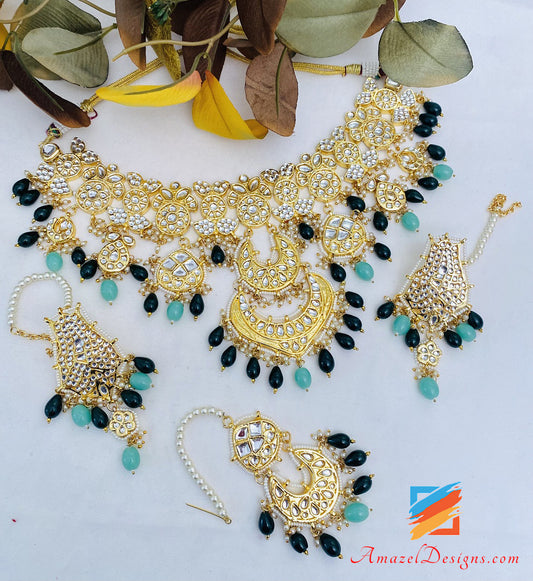Emerald Green Golden Kundan Pendant Necklace Earrings Tikka Set