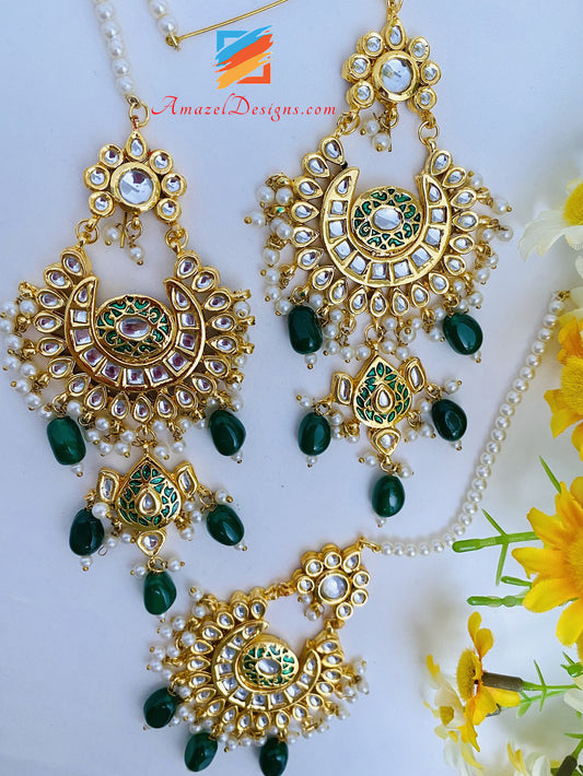 Emerald Green Kundan Chandbali Earrings Tikka Set
