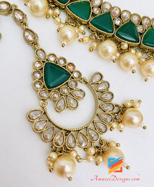 Emerald Green Monalisa Polki Necklace Earrings Tikka Set