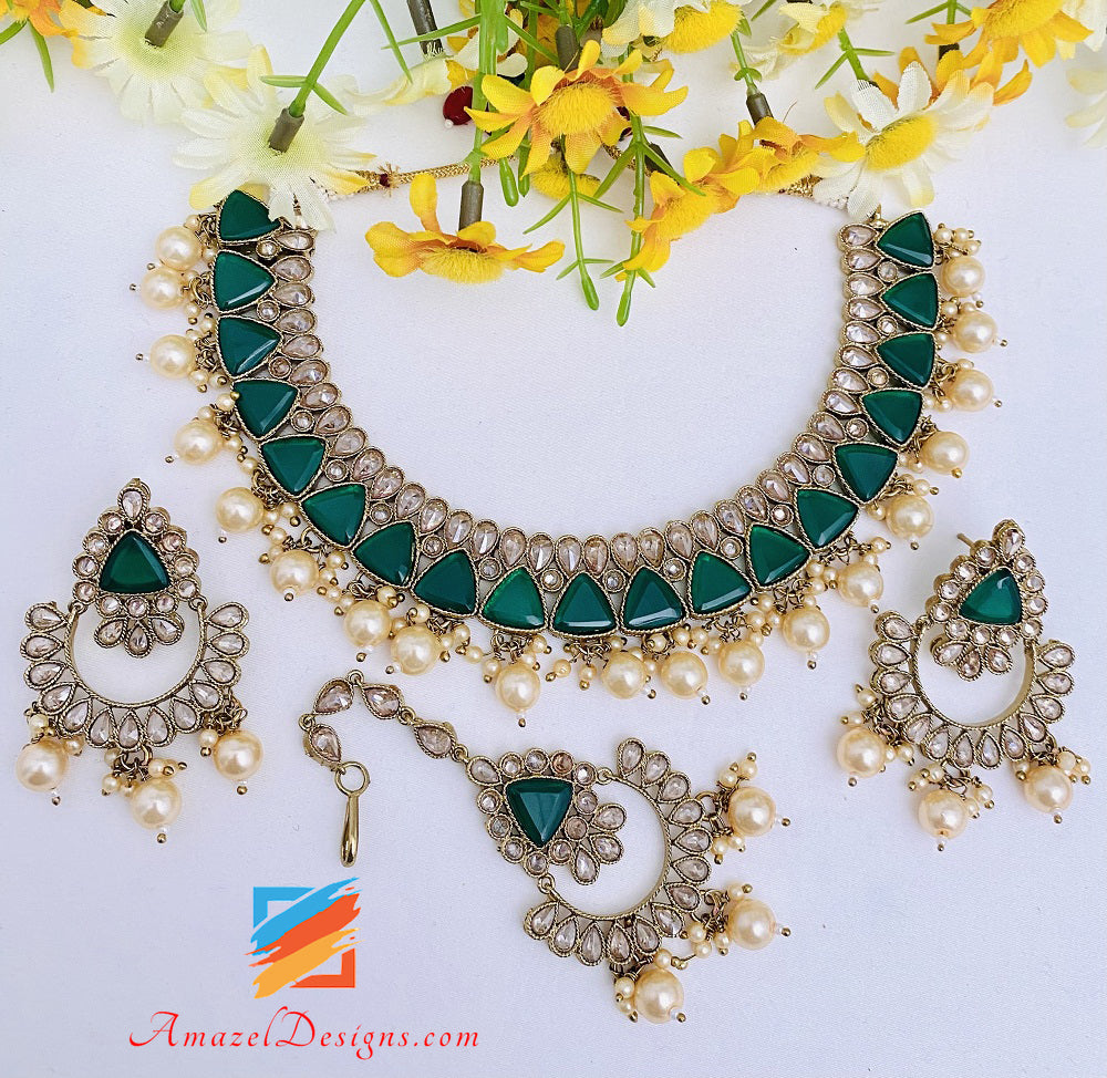 Emerald Green Monalisa Polki Necklace Earrings Tikka Set