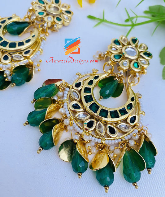 Emerald Green Pippal Patti Kundan Earrings Tikka Set