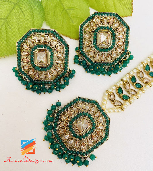 Emerald Green Polki Lightweight Studs Earrings Tikka Set