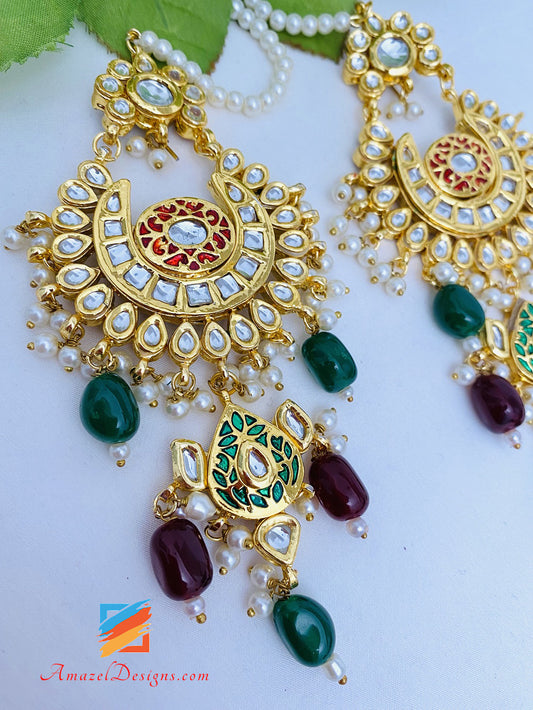 Smaragdgrüner Rubin Maroon Kundan Chandbali Ohrringe Tikka Set 