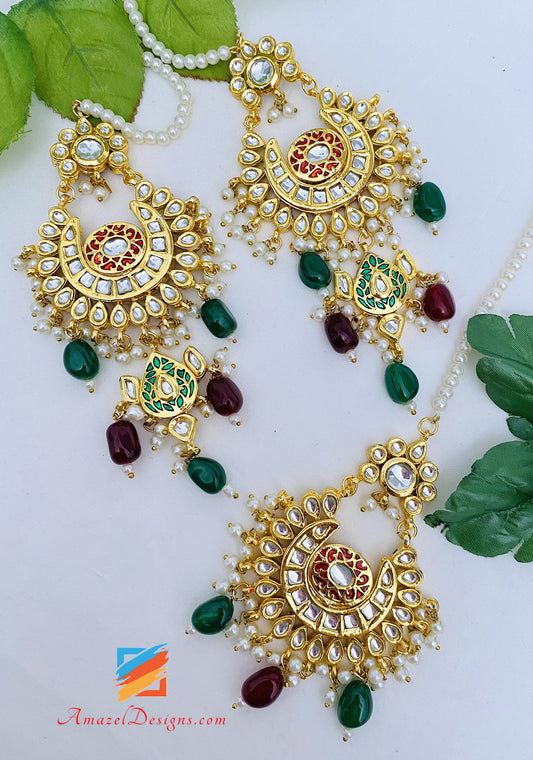 Smaragdgrüner Rubin Maroon Kundan Chandbali Ohrringe Tikka Set 