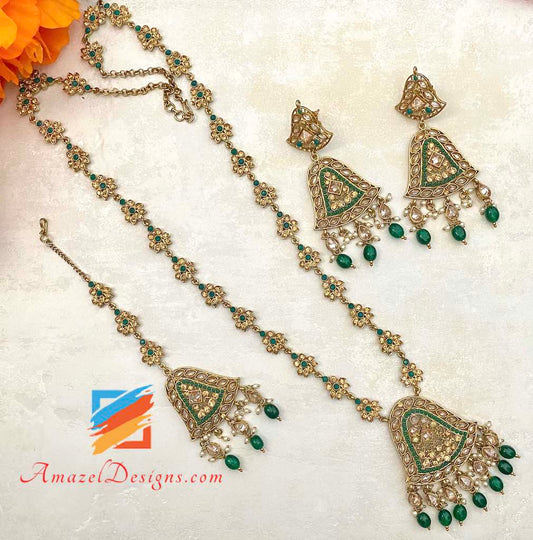 Emerald Polki Long Mala Earrings Tikka Set