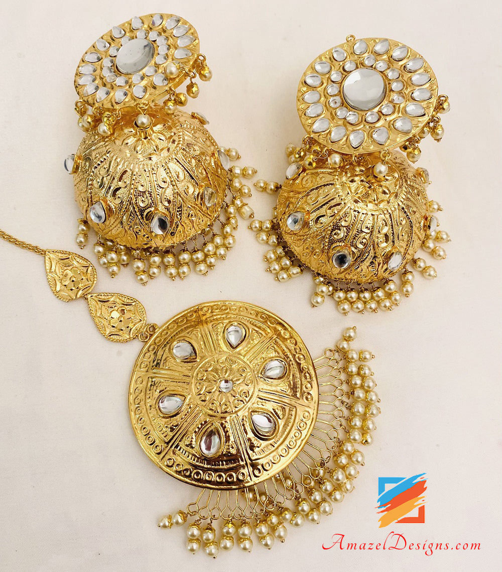 Extremely Lightweight Golden Kundan Oversized Jhumka And Tikka Set