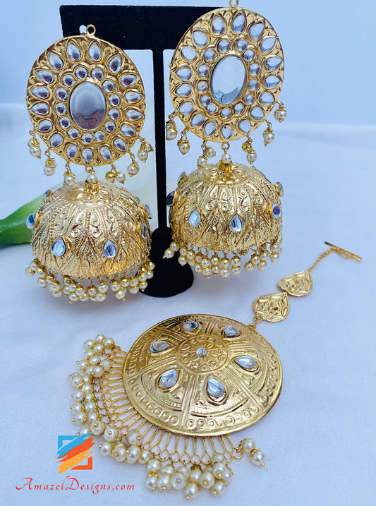 Set jhumka e tikka oversize Golden Kundan estremamente leggero 