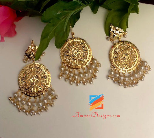 Golden Jadau Traditional Pipal Patti Earrings Tikka Set