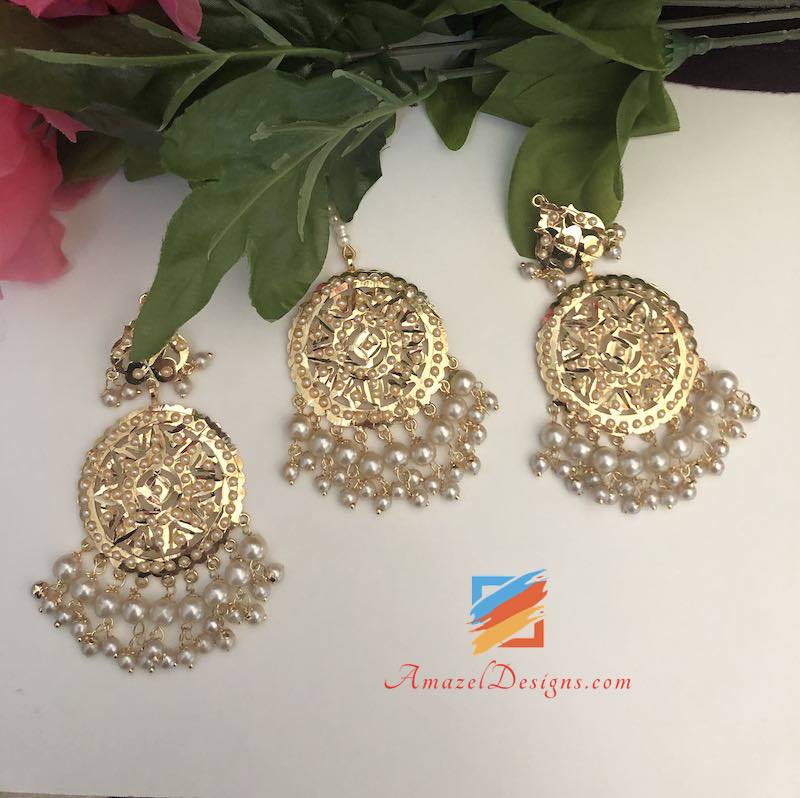 Golden Jadau Traditional Pipal Patti Earrings Tikka Set