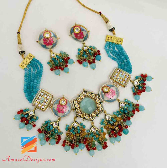 Feeroza Hand painted Meenakari Necklace Earrings Set