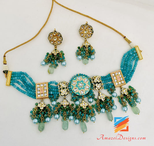 Feerozi/Feeroza Hand Painted Meenakari Necklace Earrings Set