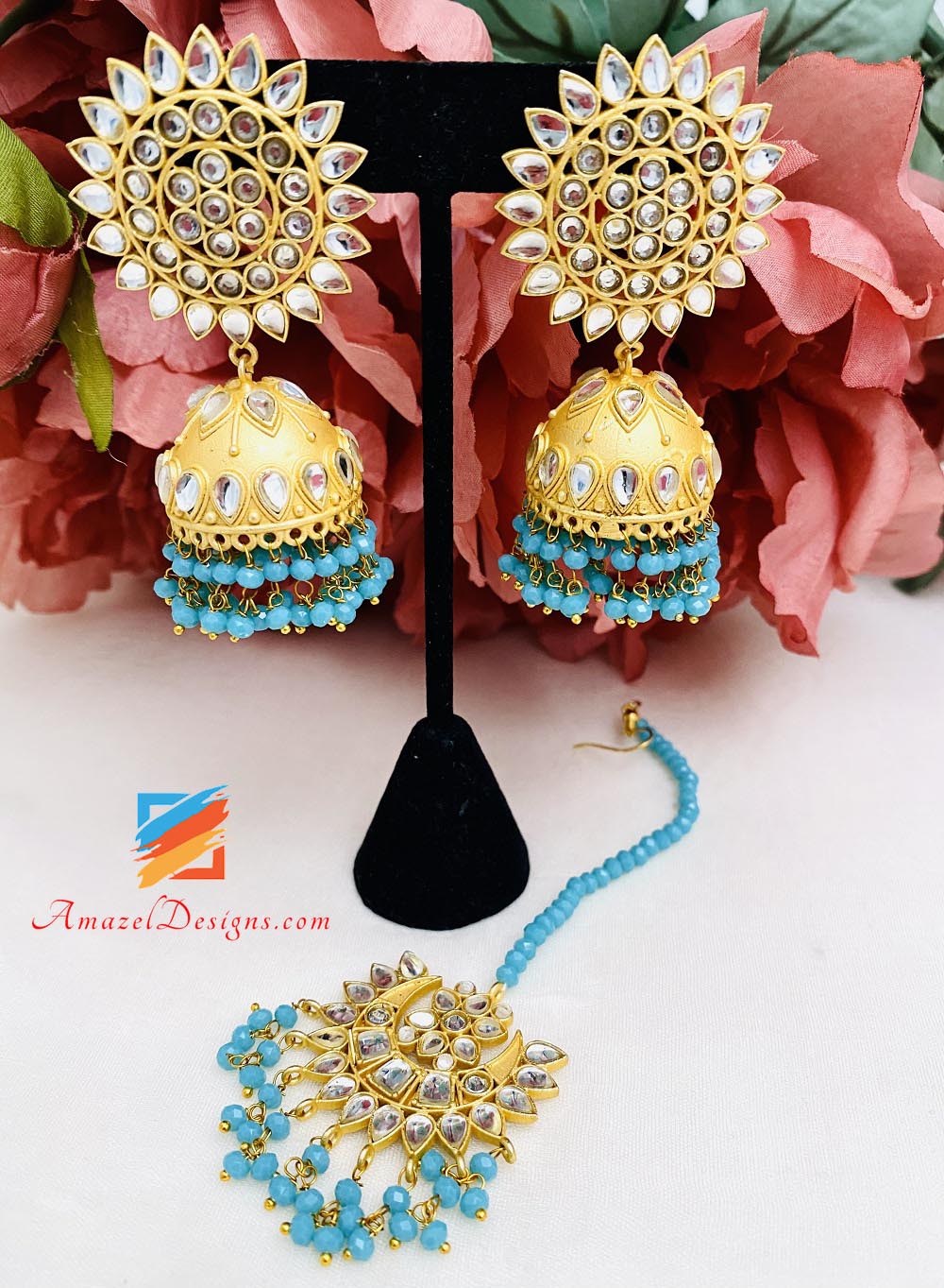 Feerozi Kundan Jhumki Earrings Tikka Set