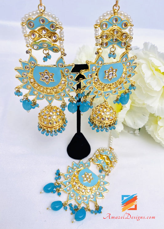 Feerozi Hellblaues Kundan Chandbali Jhumki Ohrringe Tikka Set 