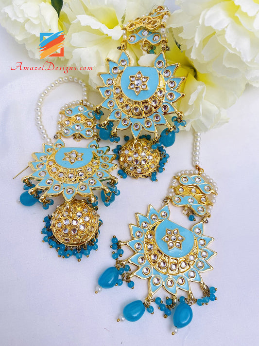 Set di orecchini Tikka Kundan Chandbali Jhumki Feerozi azzurro 