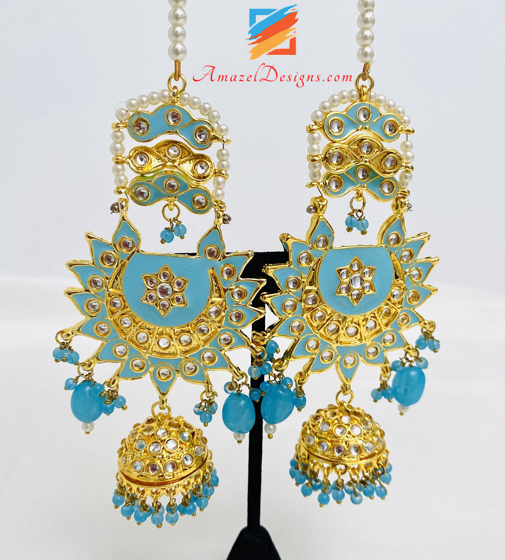 Feerozi Light Blue Kundan Chandbali Jhumki Earrings Tikka Set