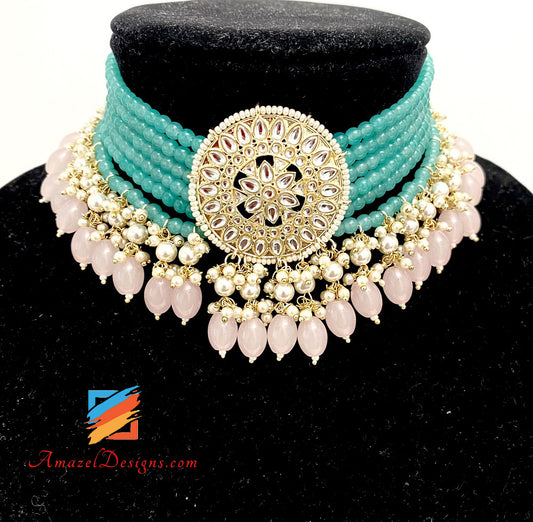 Flexible Kundan Baby Pink Green Choker Necklace Studs Earrings Tikka Set