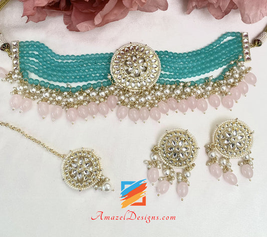 Flexible Kundan Baby Pink Green Choker Necklace Studs Earrings Tikka Set