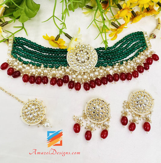 Flexible Kundan Green Emerald Choker Necklace Studs Earrings Tikka Set