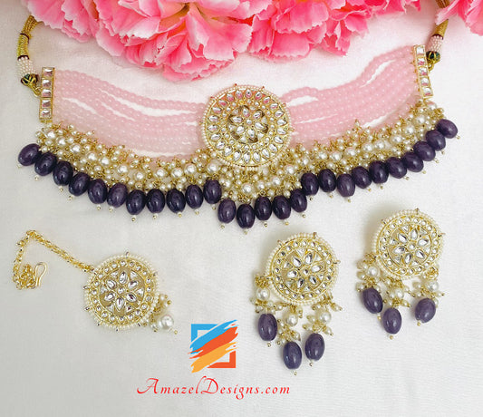 Flexible Kundan Pink And Grey Choker Necklace Studs Earrings Tikka Set