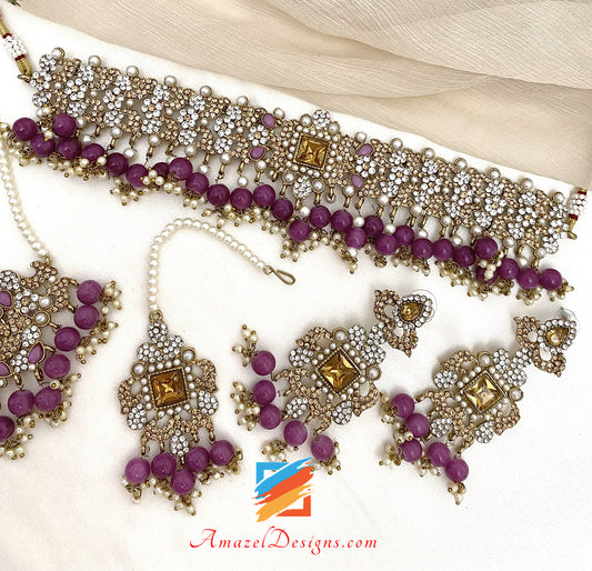 Flexible Purple Stone Choker Earrings Tikka Passa Jhumer Set