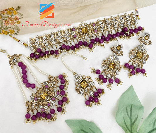 Flexible Purple Stone Choker Earrings Tikka Passa Jhumer Set