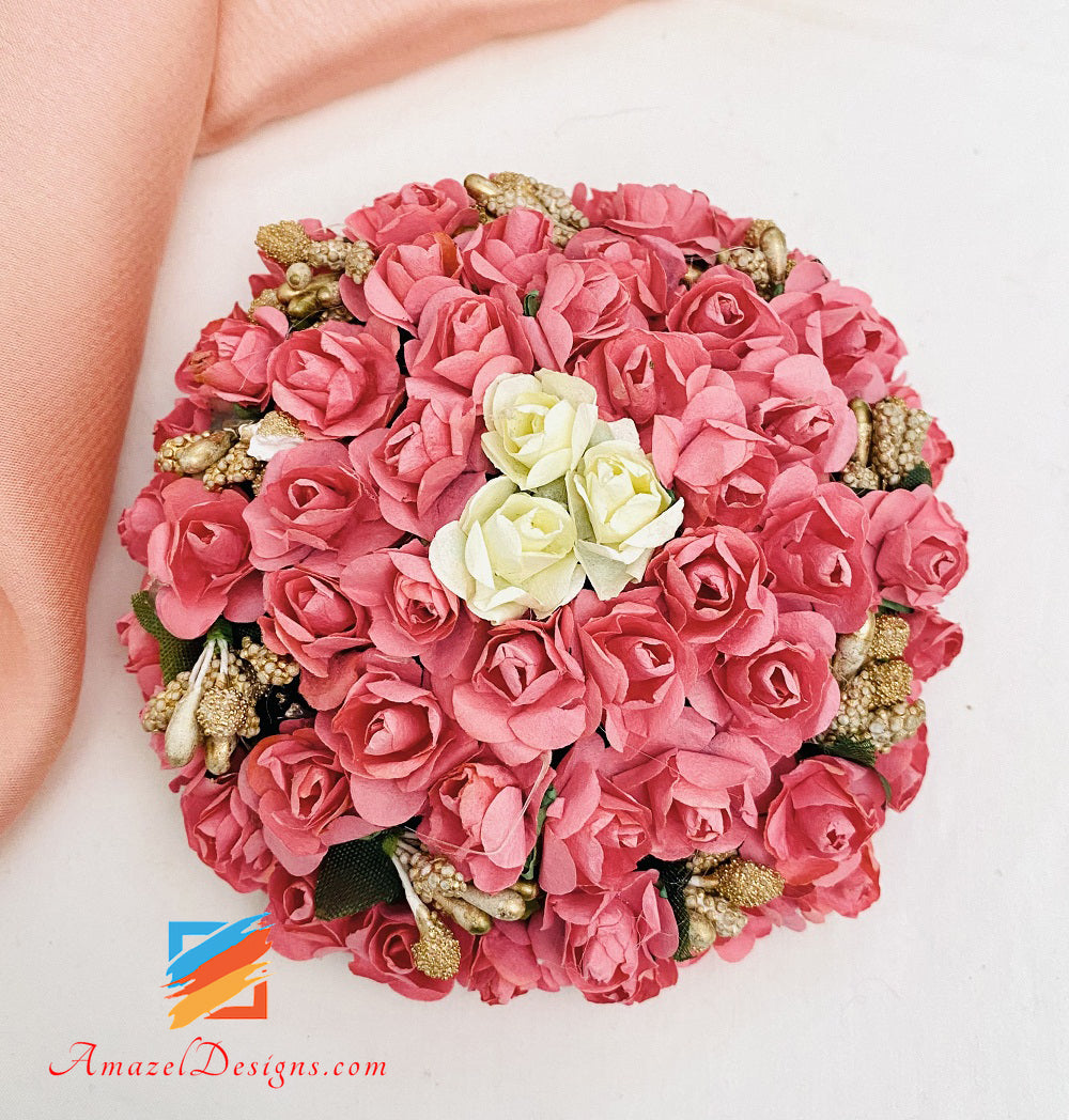 Jooda-Haarknoten mit Blumenmuster, rosa, weiß und metallischer Touch