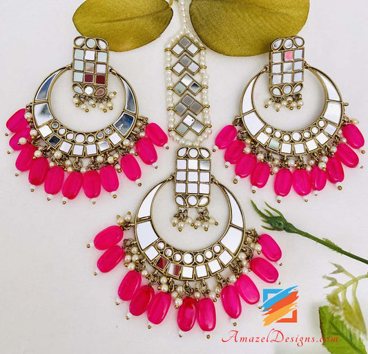 Fluorescent Hot Pink Lightweight Sheesha Earrings Tikka Set