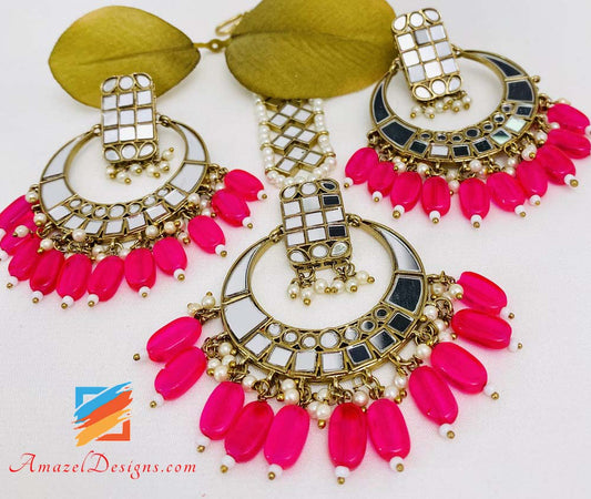 Fluorescent Hot Pink Lightweight Sheesha Earrings Tikka Set