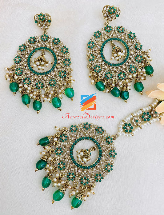 Full Of Beads Green Lightweight Earrings Tikka Set
