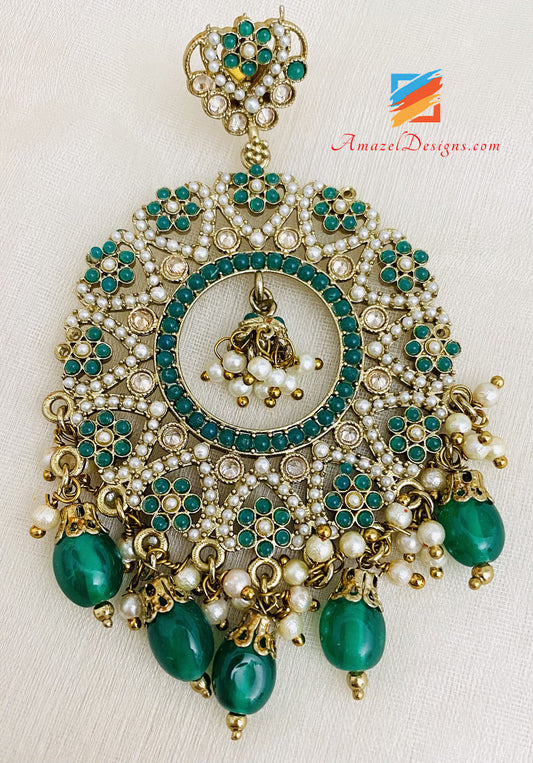Full Of Beads Green Lightweight Earrings Tikka Set